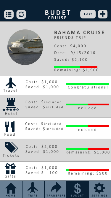 Cruise budget details page.