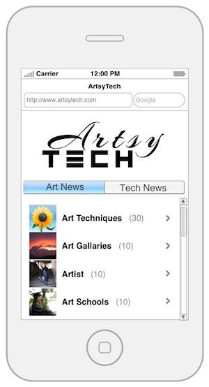 Artsy Tech mobile wireframe.