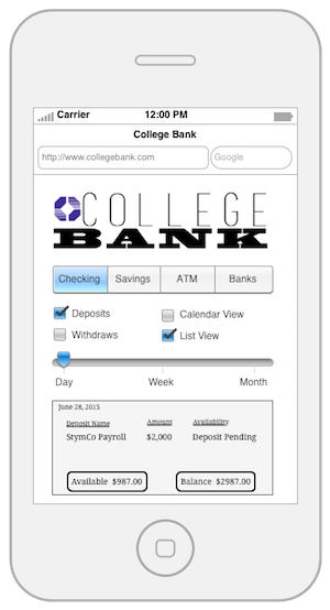 College Bank mobile wireframe.