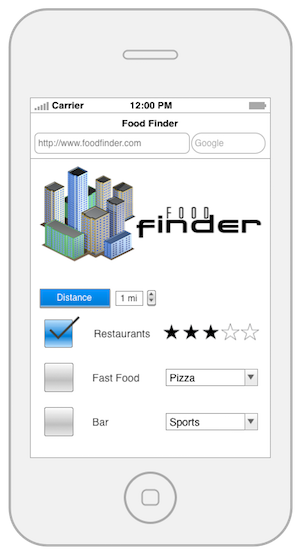 Food Finder mobile wireframe.