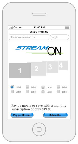 Stream On mobile wireframe.